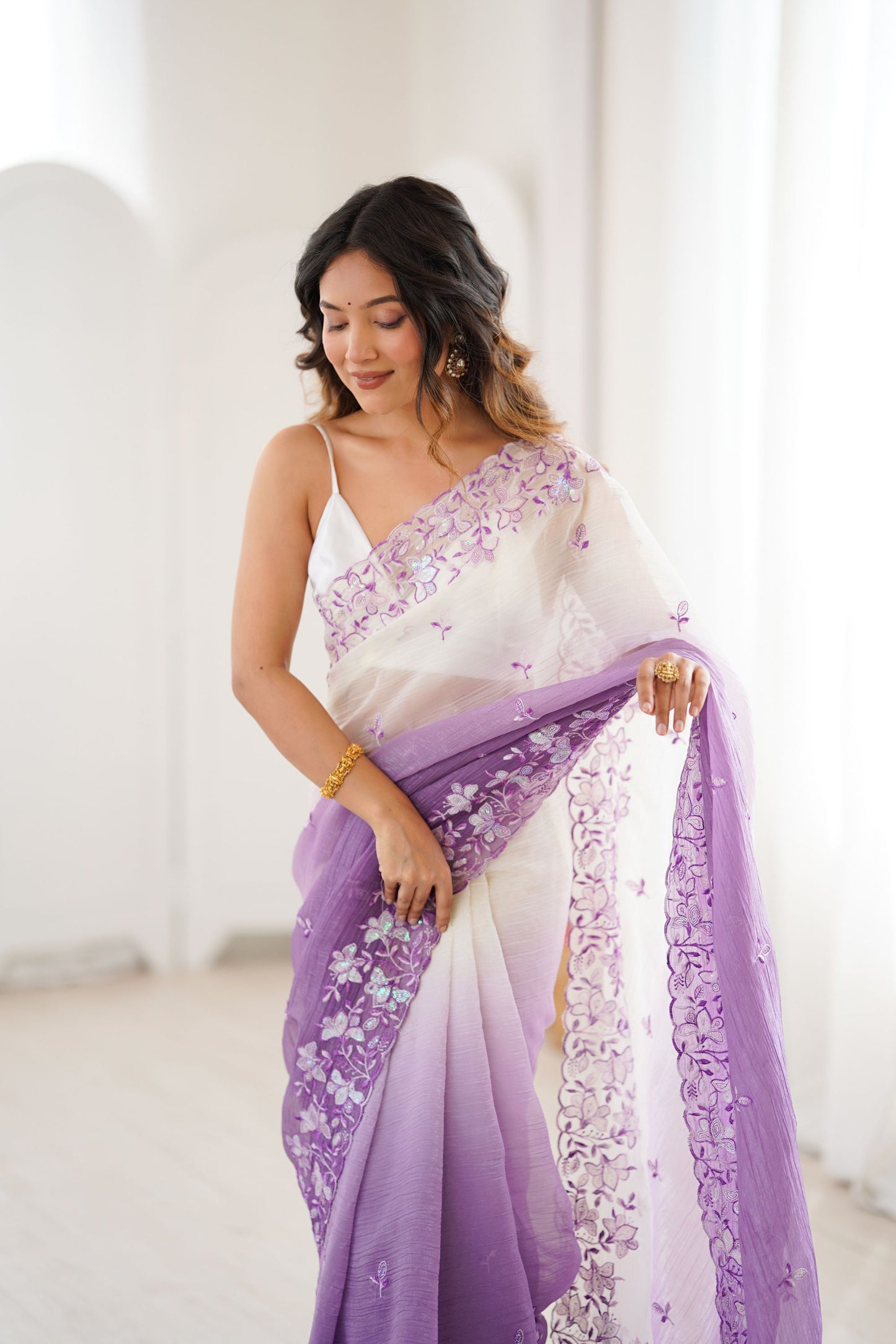 Lavender Ivory Ombre Organza Saree with Floral Embroidery Border