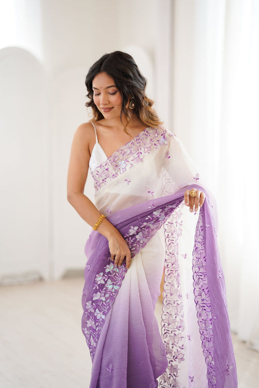 Lavender Ivory Ombre Organza Saree with Floral Embroidery Border
