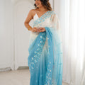 Sky Blue Ivory Ombre Organza Saree with Floral Embroidery Border