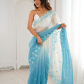 Sky Blue Ivory Ombre Organza Saree with Floral Embroidery Border
