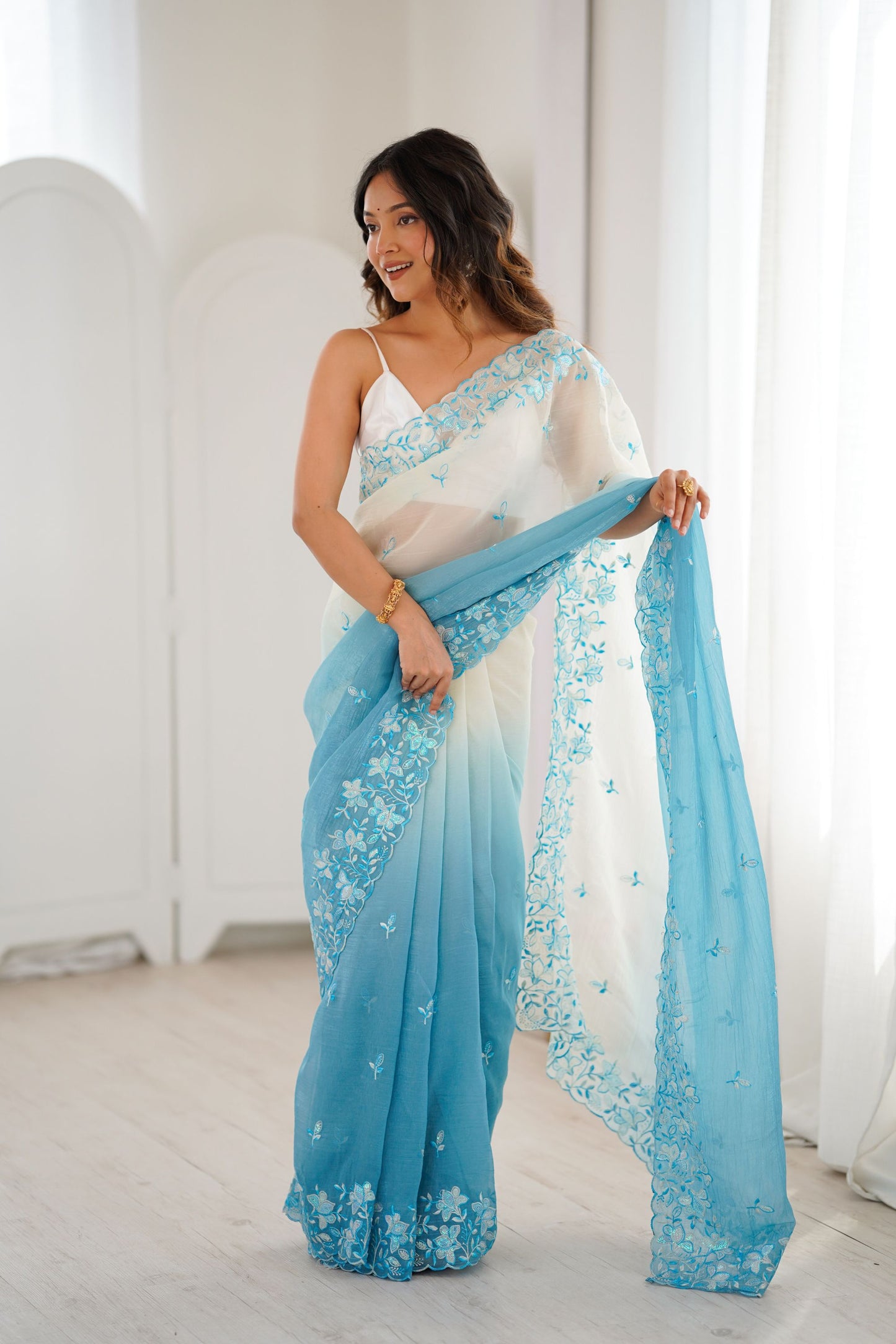 Sky Blue Ivory Ombre Organza Saree with Floral Embroidery Border