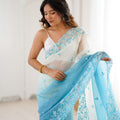 Sky Blue Ivory Ombre Organza Saree with Floral Embroidery Border