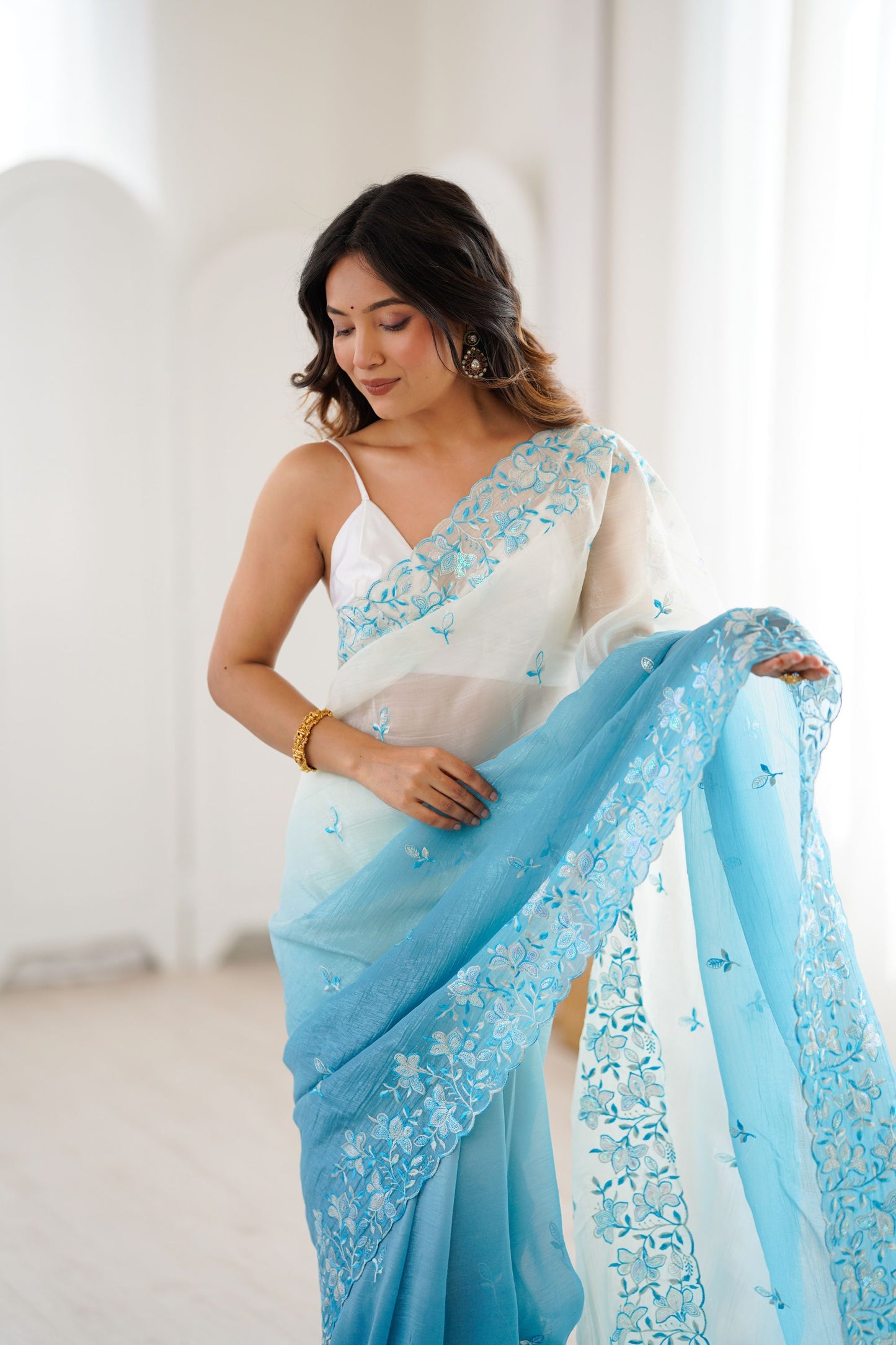 Sky Blue Ivory Ombre Organza Saree with Floral Embroidery Border