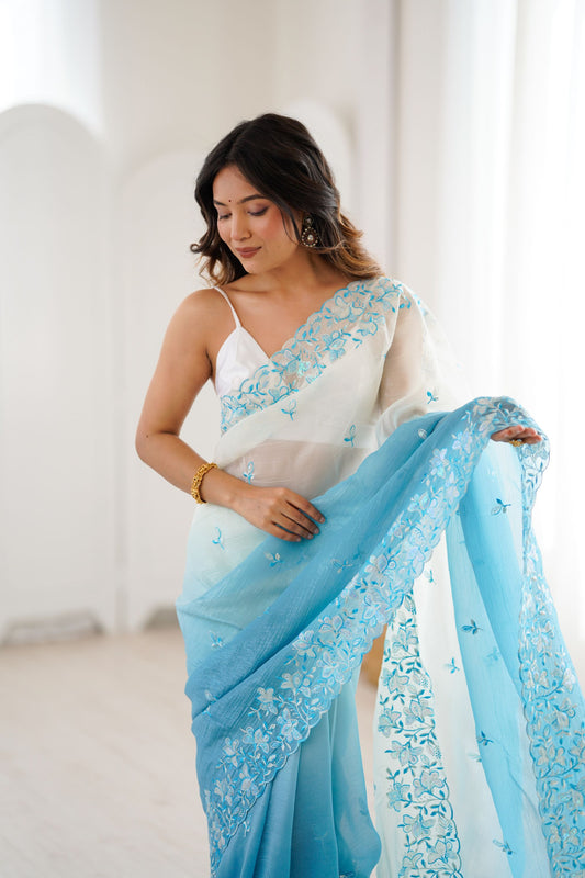 Sky Blue Ivory Ombre Organza Saree with Floral Embroidery Border