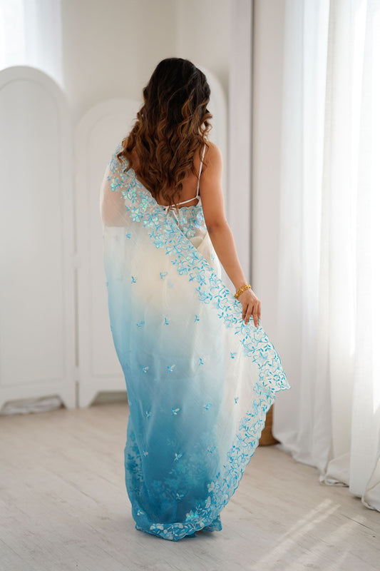 Sky Blue Ivory Ombre Organza Saree with Floral Embroidery Border