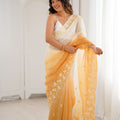 Mustard Yellow Ivory Ombre Organza Saree Floral Embroidery Border