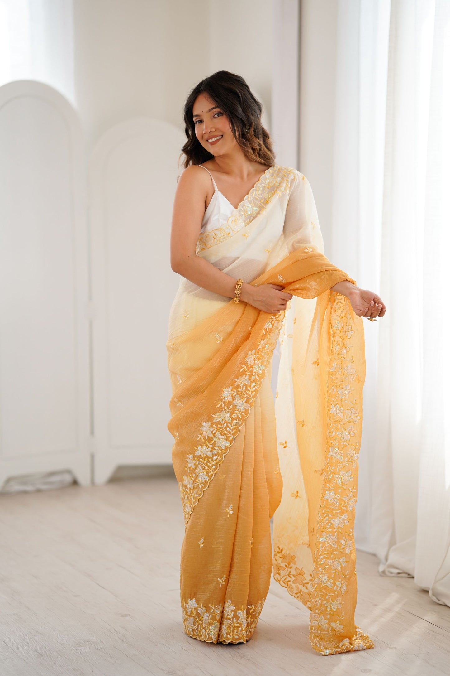 Mustard Yellow Ivory Ombre Organza Saree Floral Embroidery Border