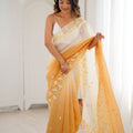 Mustard Yellow Ivory Ombre Organza Saree Floral Embroidery Border