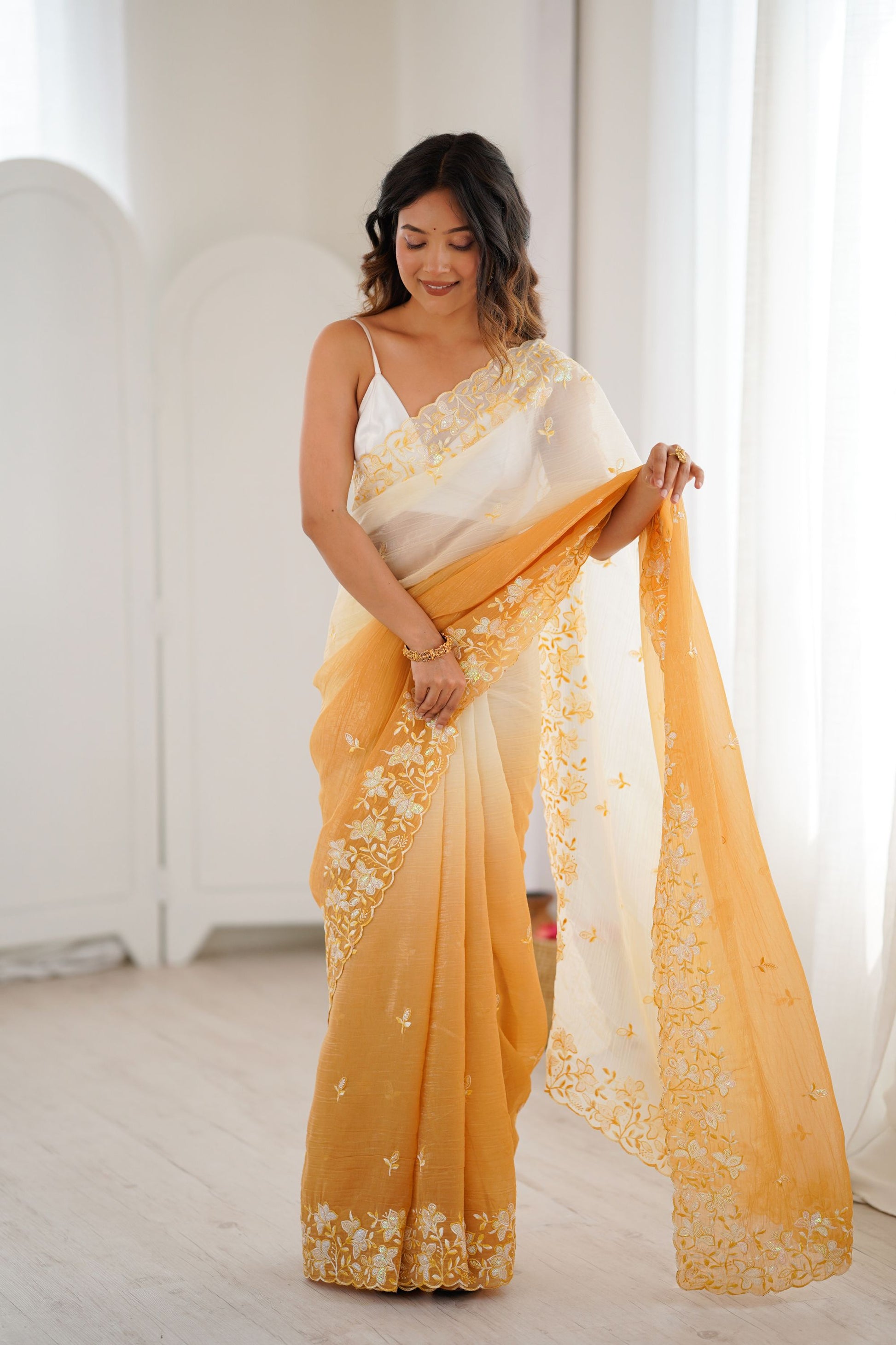 Mustard Yellow Ivory Ombre Organza Saree Floral Embroidery Border
