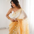 Mustard Yellow Ivory Ombre Organza Saree Floral Embroidery Border