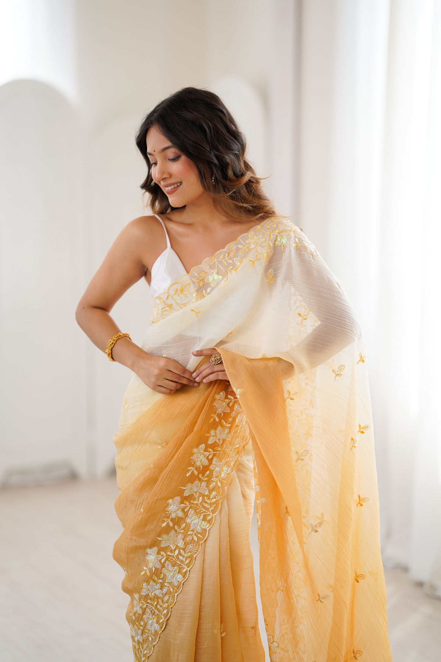 Mustard Yellow Ivory Ombre Organza Saree Floral Embroidery Border