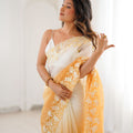 Mustard Yellow Ivory Ombre Organza Saree Floral Embroidery Border