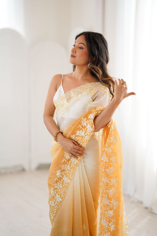 Mustard Yellow Ivory Ombre Organza Saree Floral Embroidery Border