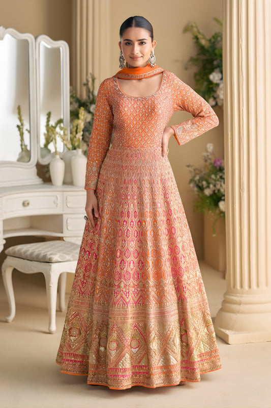 Stylish Orange Georgette Heavy Embroidered Readymade Gown with Dupatta for Wedding