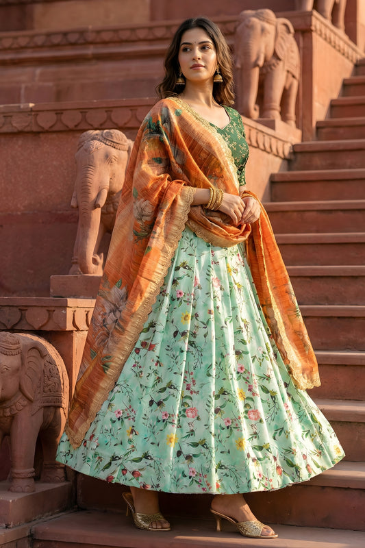 Awesome Mint Green Printed Art Silk Embroidered Semi-Stitched Wedding Wear Lehenga Choli with Dupatta