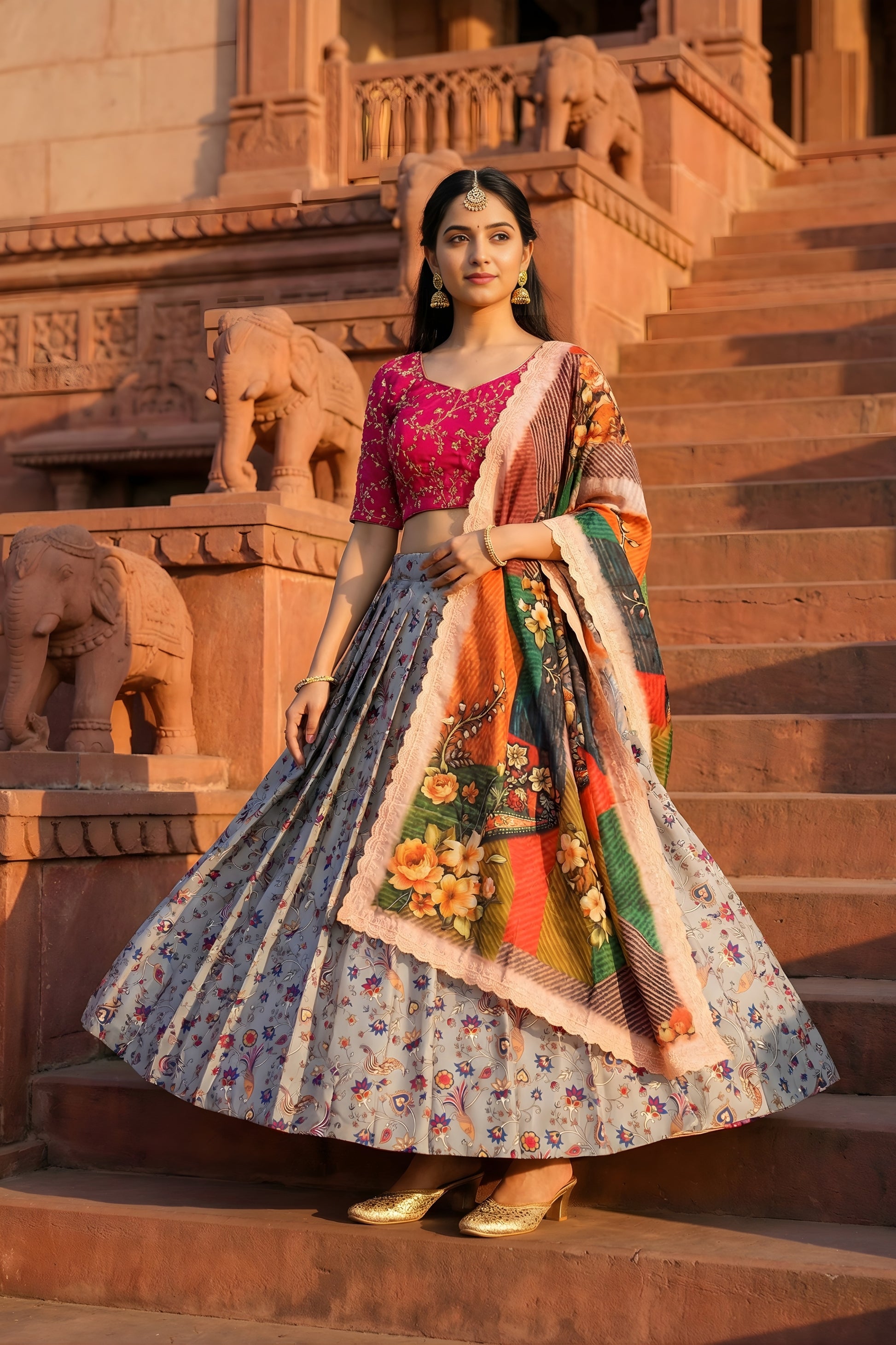 Elegant Grey Art Silk Embroidered Lehenga Choli with Pink Blouse Printed Dupatta