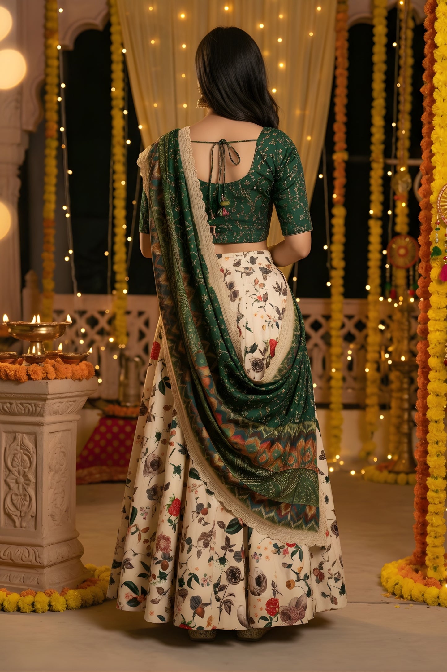 Charming Cream Art Silk Embroidered Lehenga Choli with Green Blouse and Dupatta