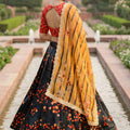 Stylish Black Art Silk Embroidered Lehenga Choli with Red Blouse and Dupatta