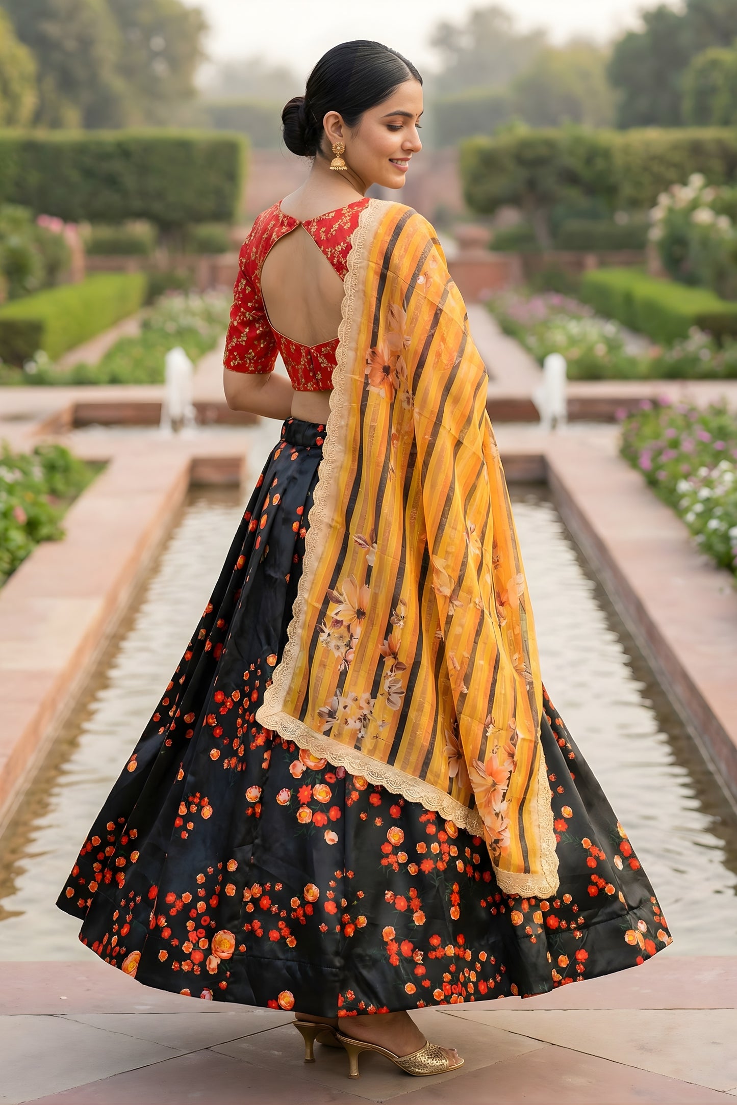 Stylish Black Art Silk Embroidered Lehenga Choli with Red Blouse and Dupatta