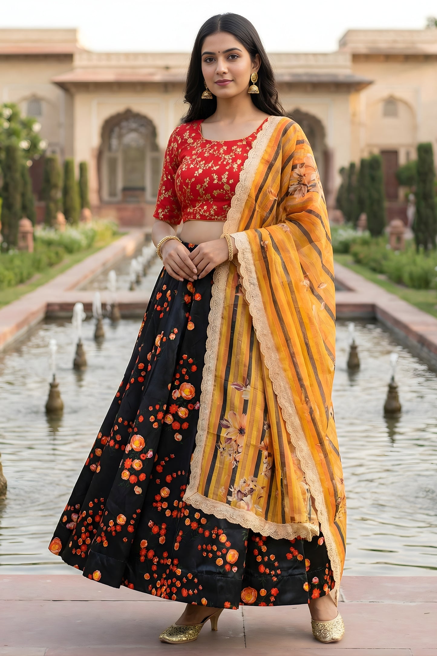 Stylish Black Art Silk Embroidered Lehenga Choli with Red Blouse and Dupatta
