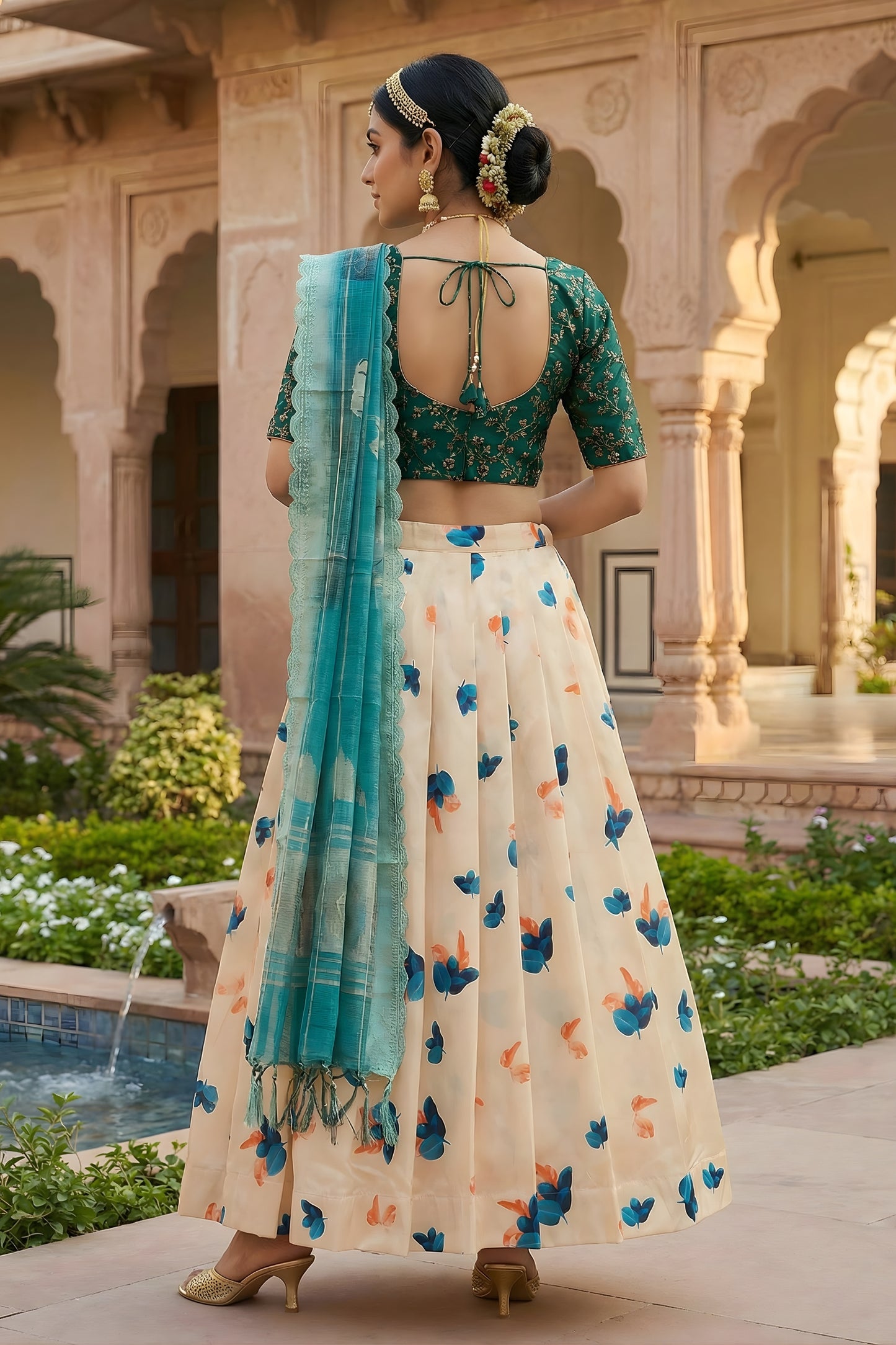 Stylish Cream Art Silk Embroidered Lehenga Choli with Teal Green Blouse and Dupatta