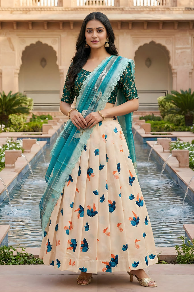 Stylish Cream Art Silk Embroidered Lehenga Choli with Teal Green Blouse and Dupatta
