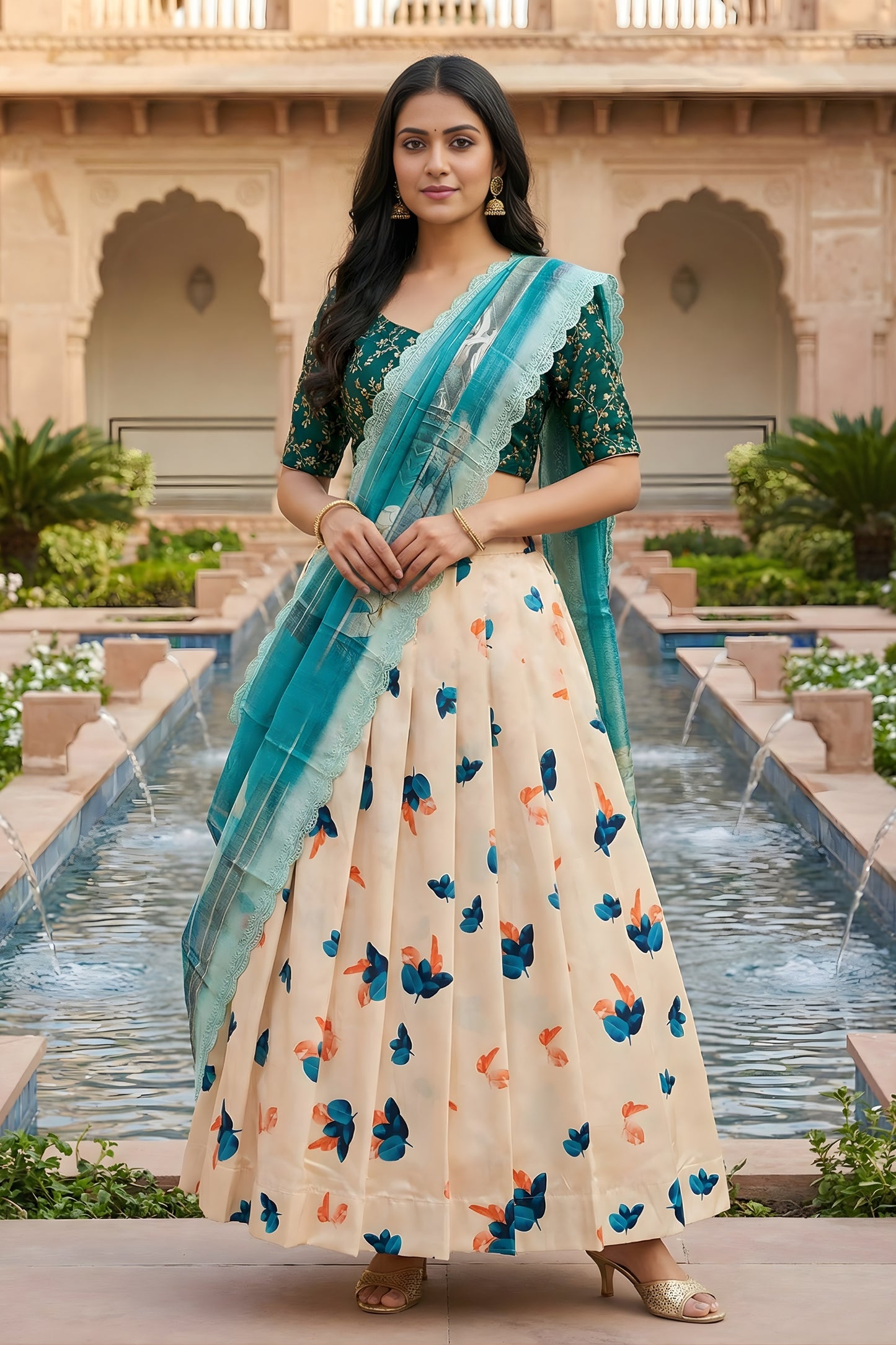 Stylish Cream Art Silk Embroidered Lehenga Choli with Teal Green Blouse and Dupatta