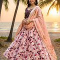 Amazing Peach Art Silk Embroidered Lehenga Choli with Purple Blouse and Dupatta