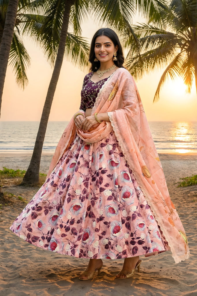 Amazing Peach Art Silk Embroidered Lehenga Choli with Purple Blouse and Dupatta