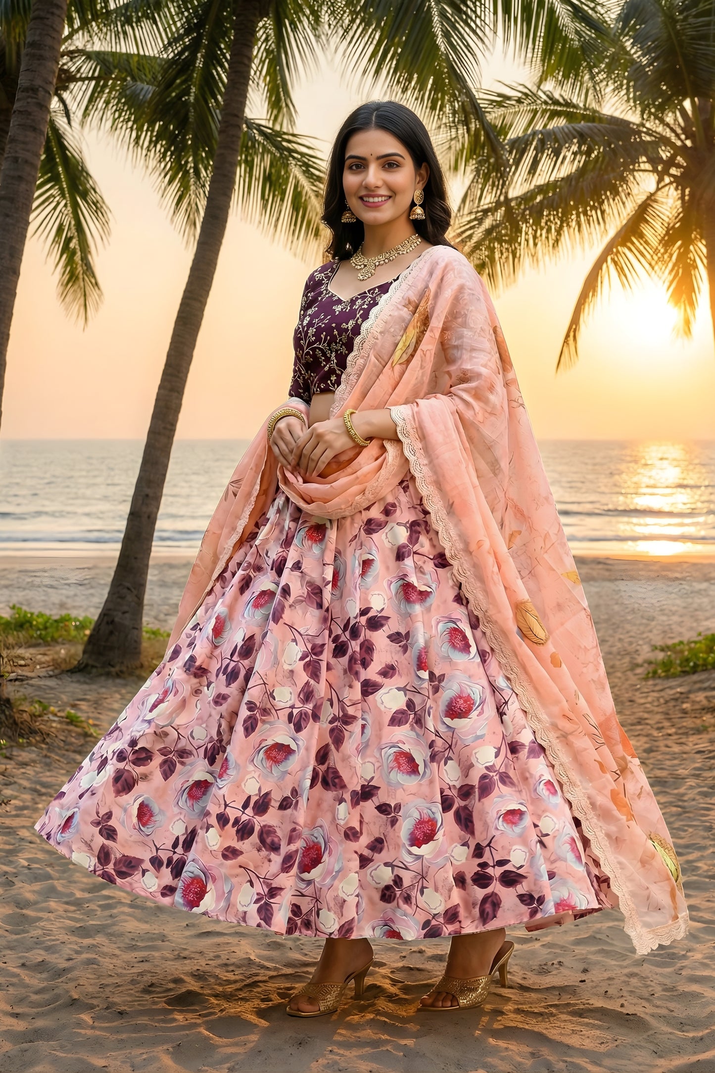 Amazing Peach Art Silk Embroidered Lehenga Choli with Purple Blouse and Dupatta