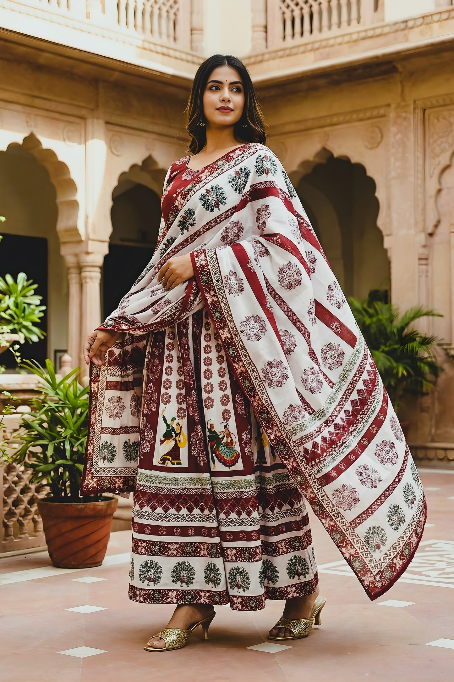 Beautiful Maroon and Off White Cotton Rayon Printed Lehenga Choli with Dupatta