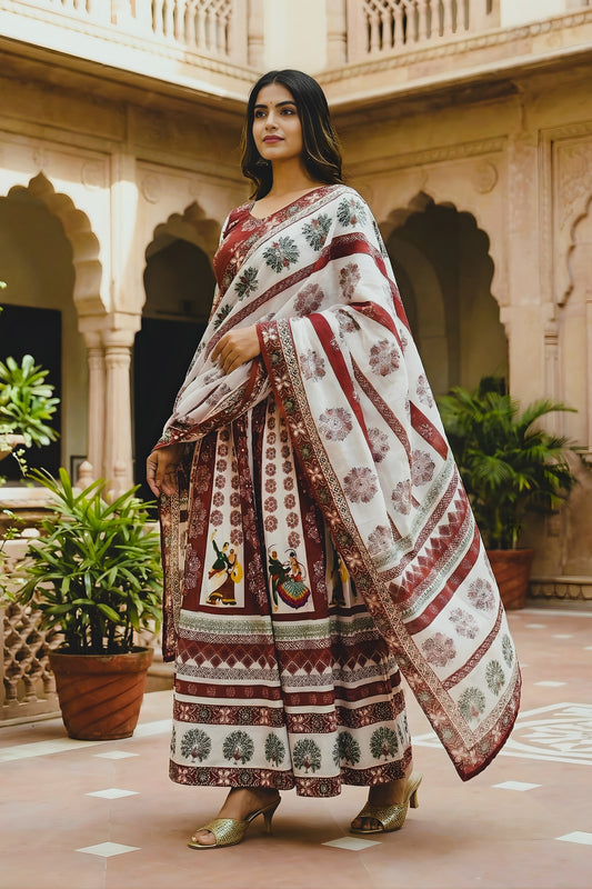 Beautiful Maroon and Off White Cotton Rayon Printed Lehenga Choli with Dupatta