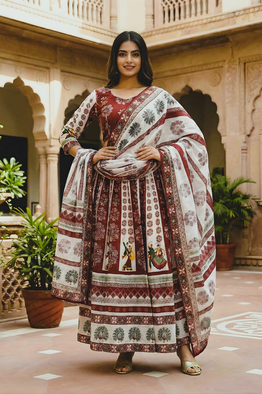 Beautiful Maroon and Off White Cotton Rayon Printed Lehenga Choli with Dupatta