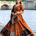 Graceful Rust Orange and Black Cotton Rayon Printed Lehenga Choli with Dupatta