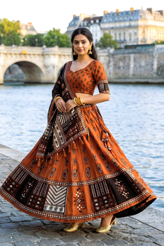 Graceful Rust Orange and Black Cotton Rayon Printed Lehenga Choli with Dupatta