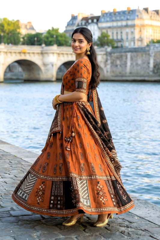 Graceful Rust Orange and Black Cotton Rayon Printed Lehenga Choli with Dupatta
