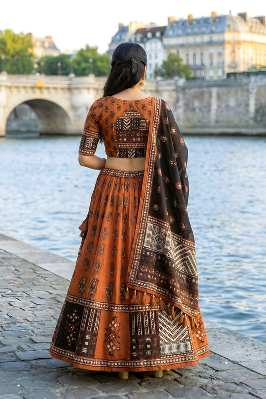 Graceful Rust Orange and Black Cotton Rayon Printed Lehenga Choli with Dupatta