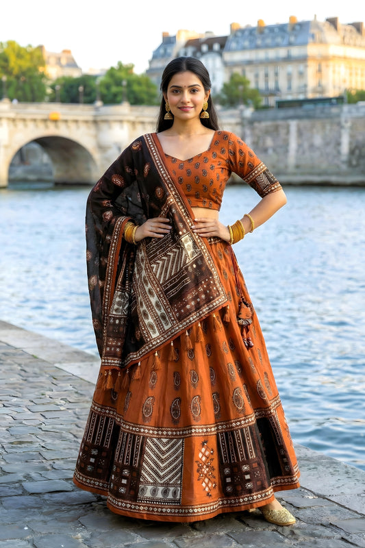 Graceful Rust Orange and Black Cotton Rayon Printed Lehenga Choli with Dupatta