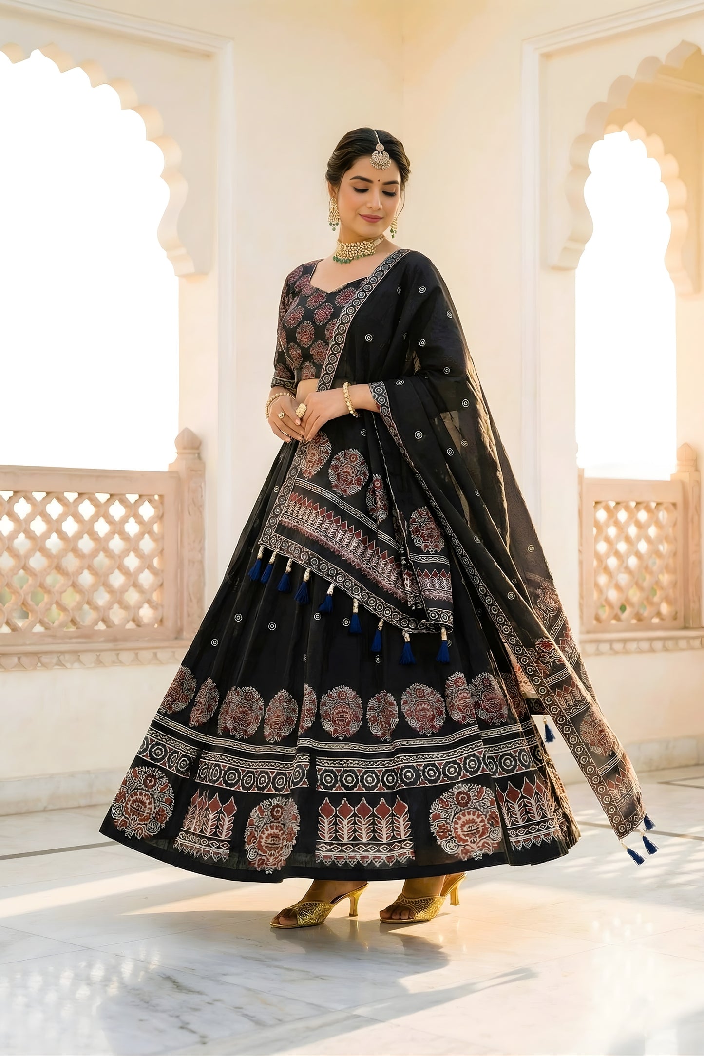 Traditional Black Cotton Rayon Printed Lehenga Choli with Designer Dupatta