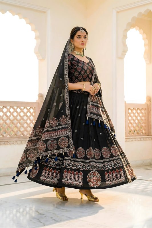Traditional Black Cotton Rayon Printed Lehenga Choli with Designer Dupatta
