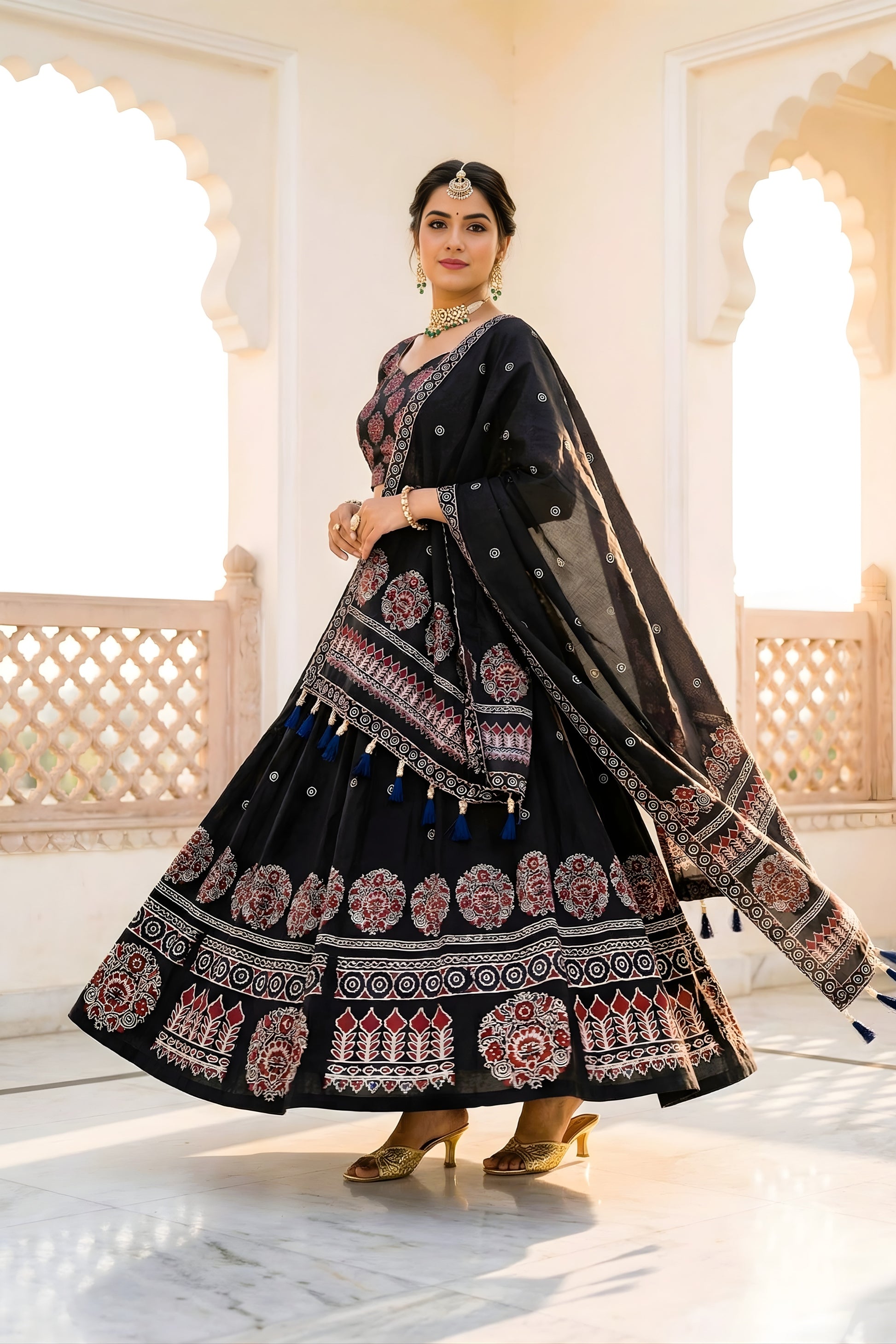 Traditional Black Cotton Rayon Printed Lehenga Choli with Designer Dupatta