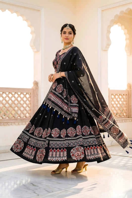 Traditional Black Cotton Rayon Printed Lehenga Choli with Designer Dupatta