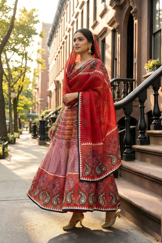 Stunning Red Cotton Rayon Printed Lehenga Choli with Designer Dupatta