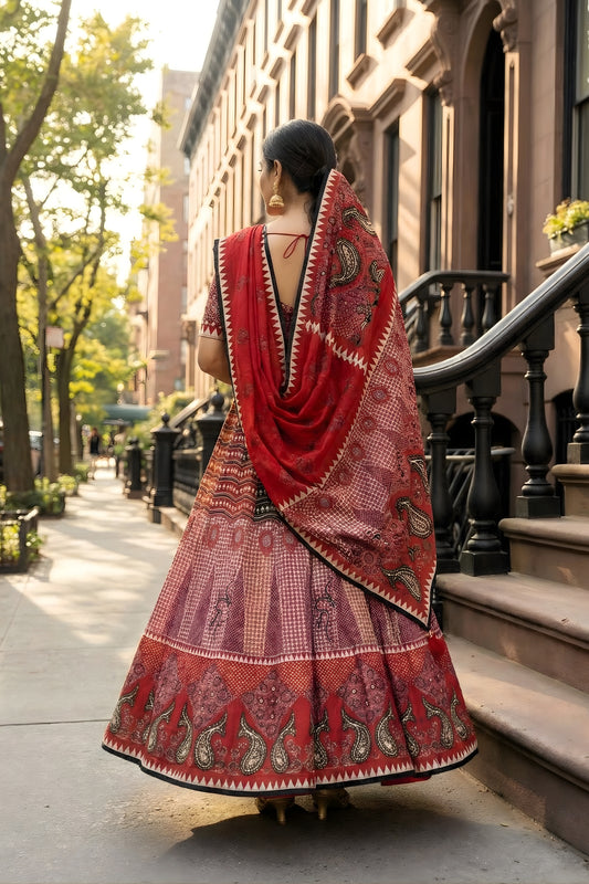 Stunning Red Cotton Rayon Printed Lehenga Choli with Designer Dupatta