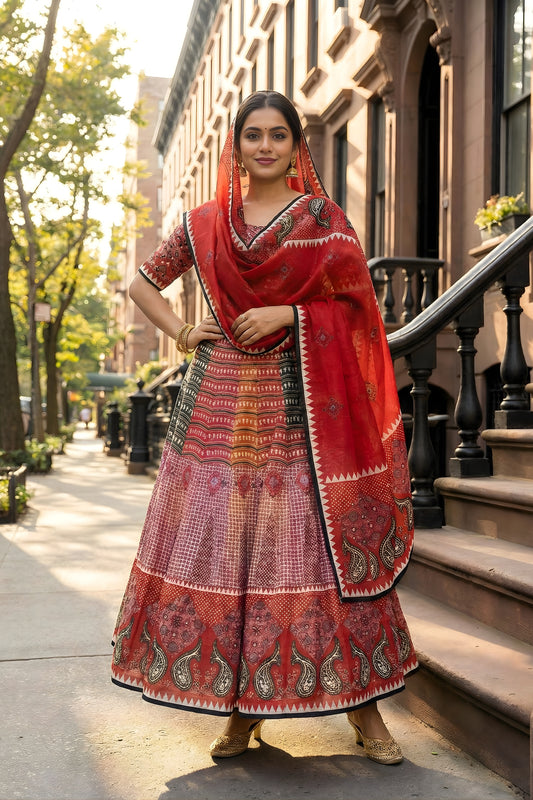  Stunning Red Cotton Rayon Printed Lehenga Choli with Designer Dupatta