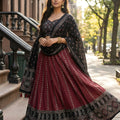 Stylish Maroon and Black Cotton Rayon Printed Lehenga Choli with Dupatta