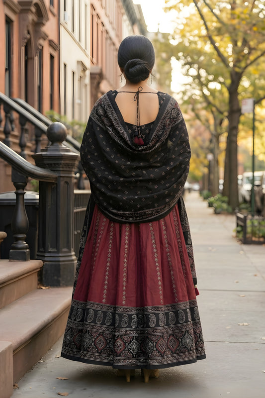 Stylish Maroon and Black Cotton Rayon Printed Lehenga Choli with Dupatta