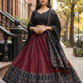 Stylish Maroon and Black Cotton Rayon Printed Lehenga Choli with Dupatta