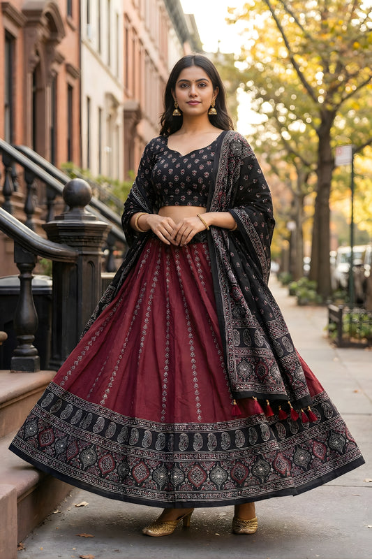 Stylish Maroon and Black Cotton Rayon Printed Lehenga Choli with Dupatta