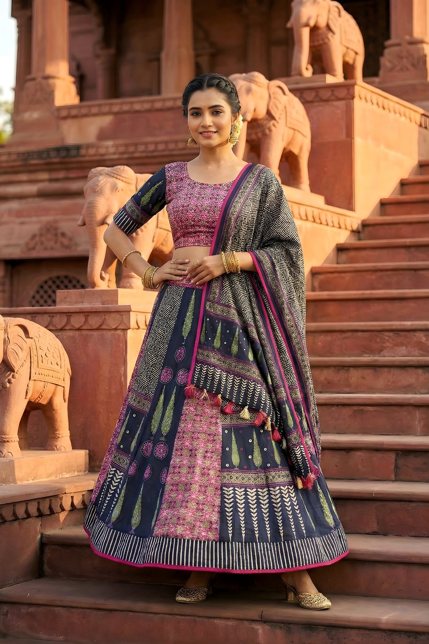 Charming Navy Blue and Pink Printed Cotton Rayon Lehenga Choli with Dupatta for Women